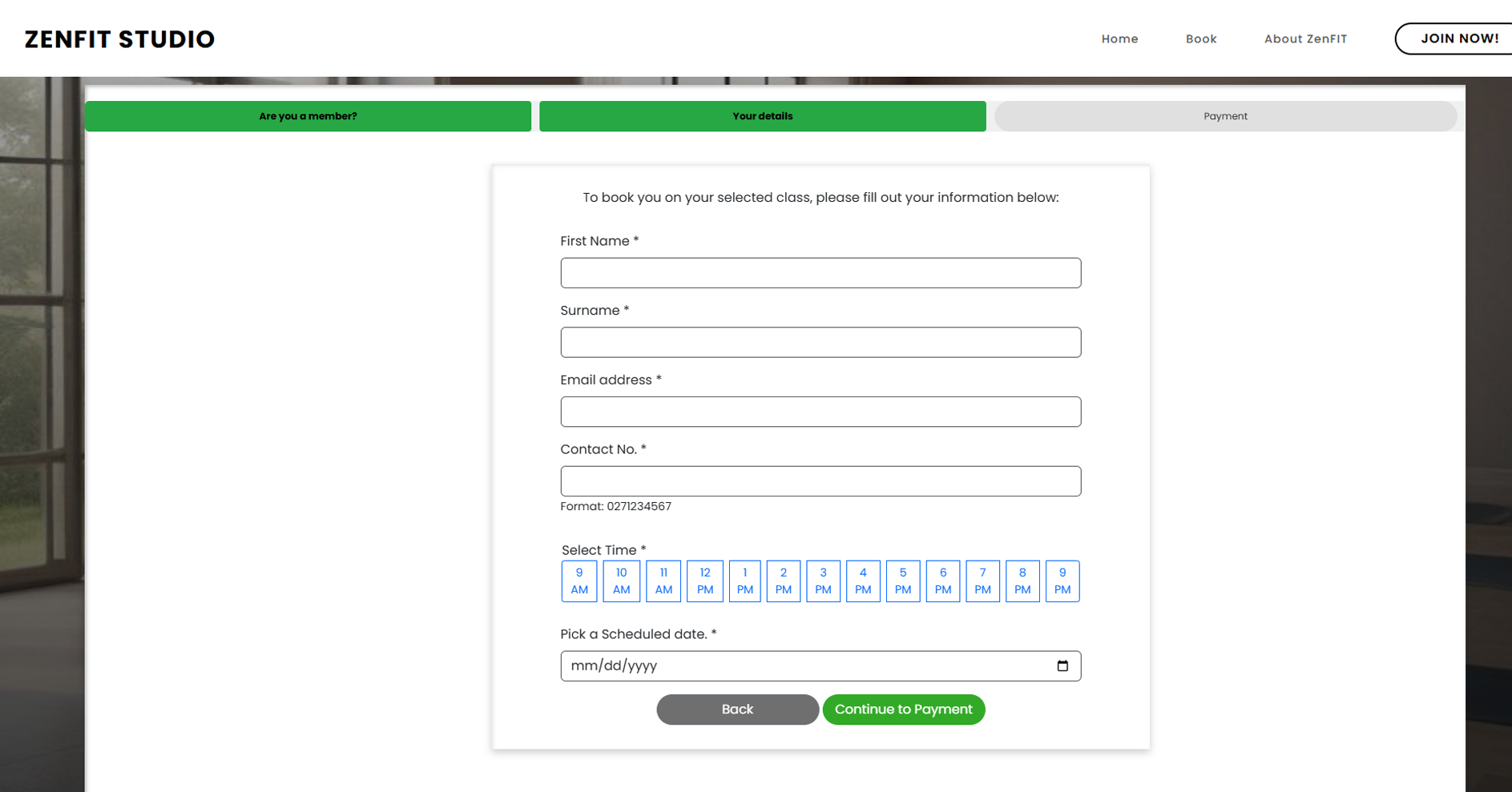 ZenFit Fitness and Booking Website booking page